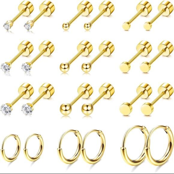 Small Tiny Stud Flat Back Earring Hypoallergenic Gold Studs 14K Stainless Steel - Picture 1 of 7